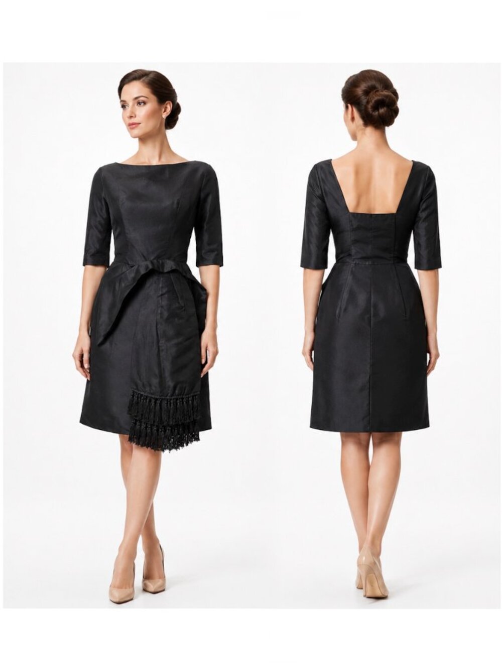 50s 60s Black Cocktail Dress Fringe Sash Low Back XS Audrey Style